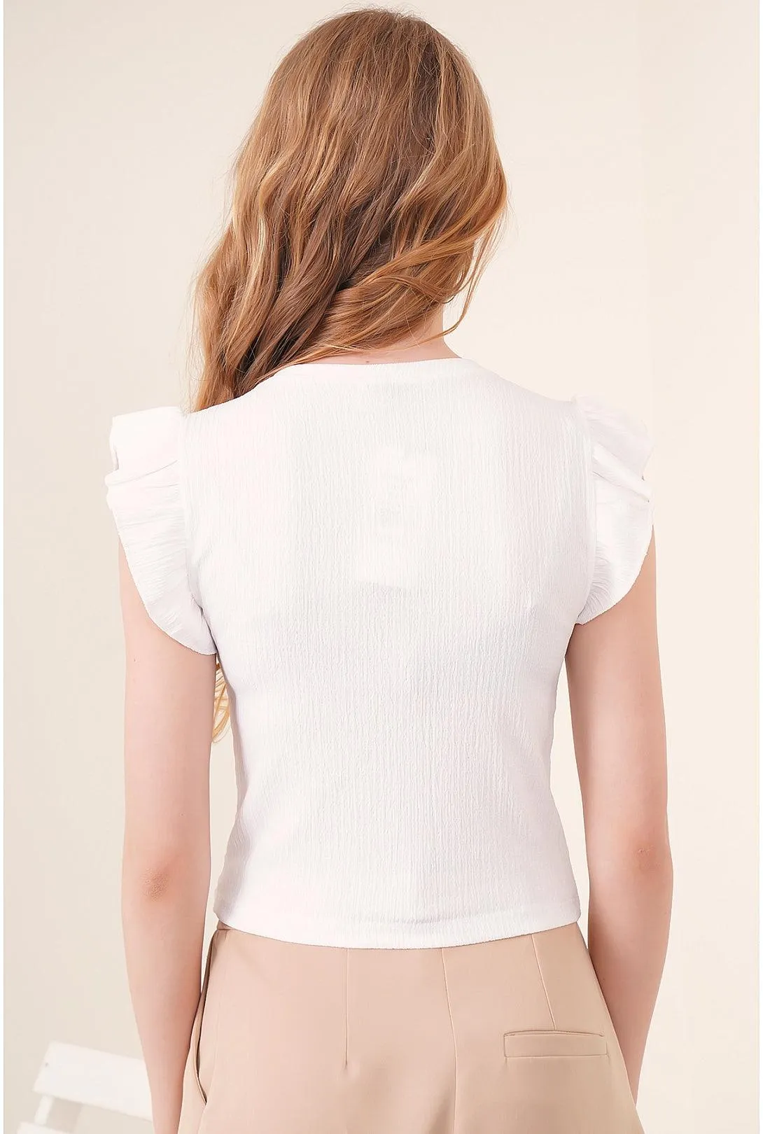 White Knitted Blouse Top for Girls | Neckless Short Sleeves | Timeless White