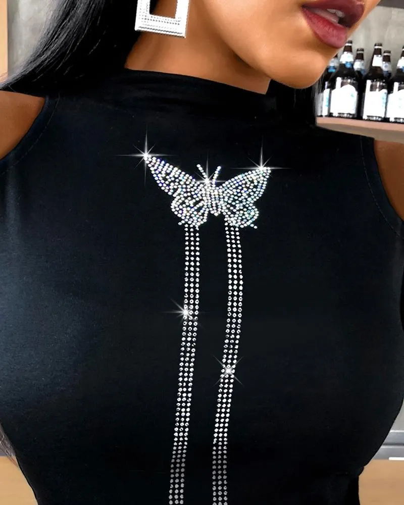 Women Butterfly Pattern Studded Open Shoulder Blouses