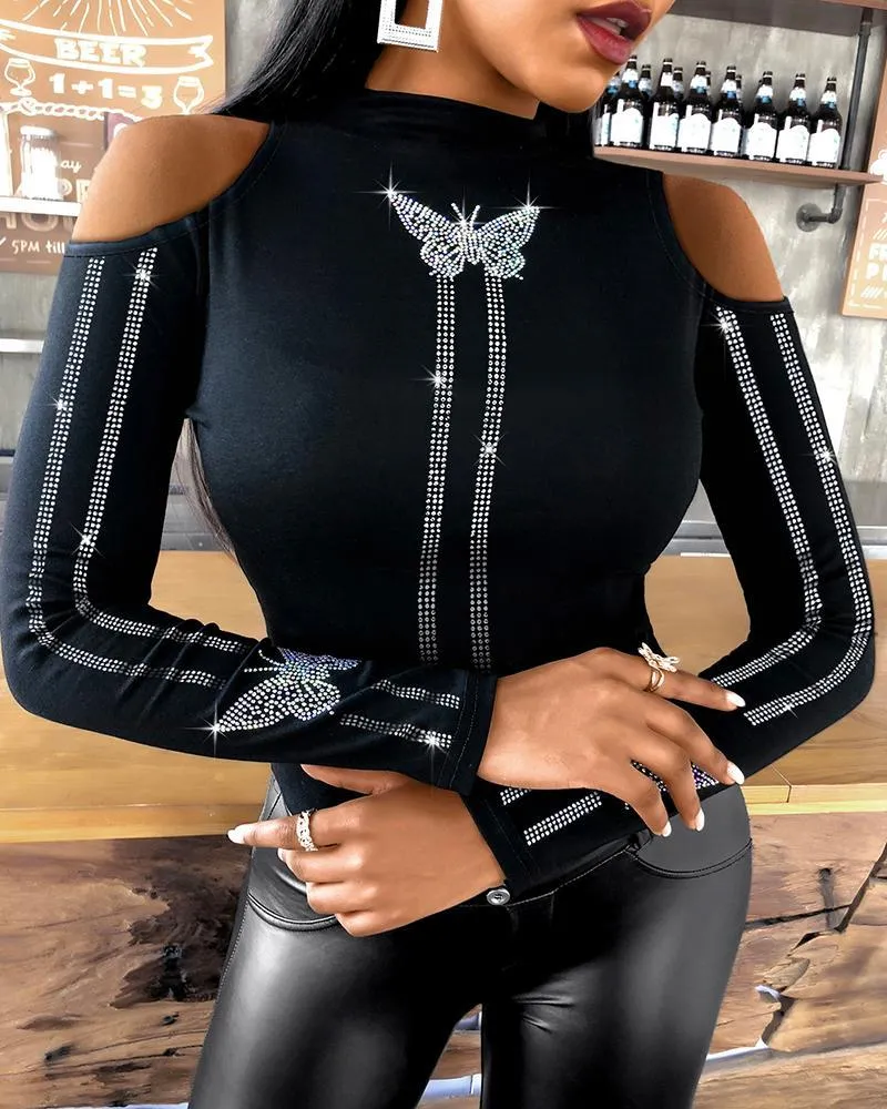 Women Butterfly Pattern Studded Open Shoulder Blouses