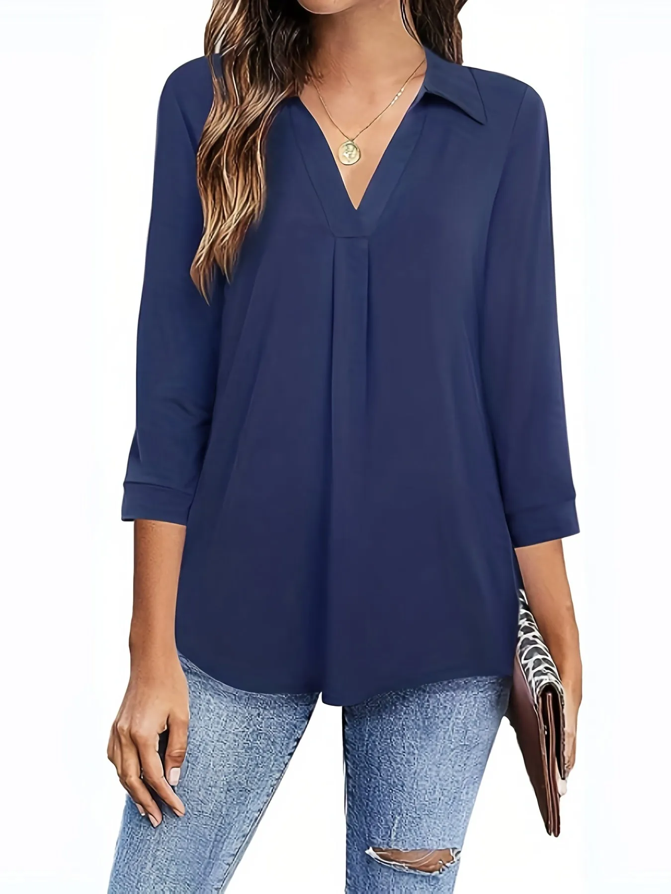 Womens Half Sleeve Plus Size Casual Blouse with Turn Down Collar