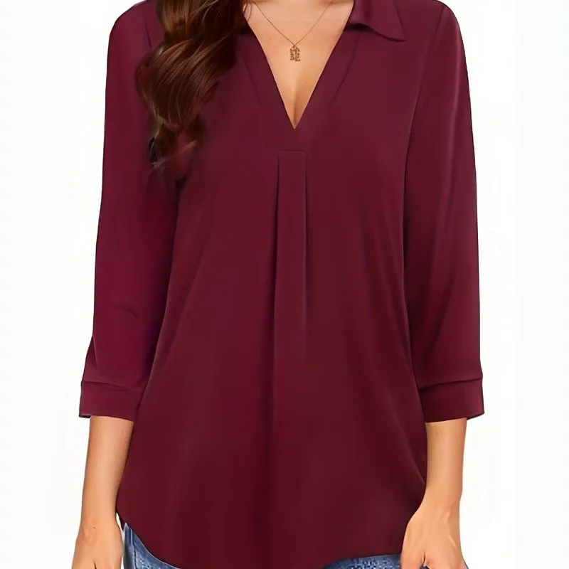 Womens Half Sleeve Plus Size Casual Blouse with Turn Down Collar