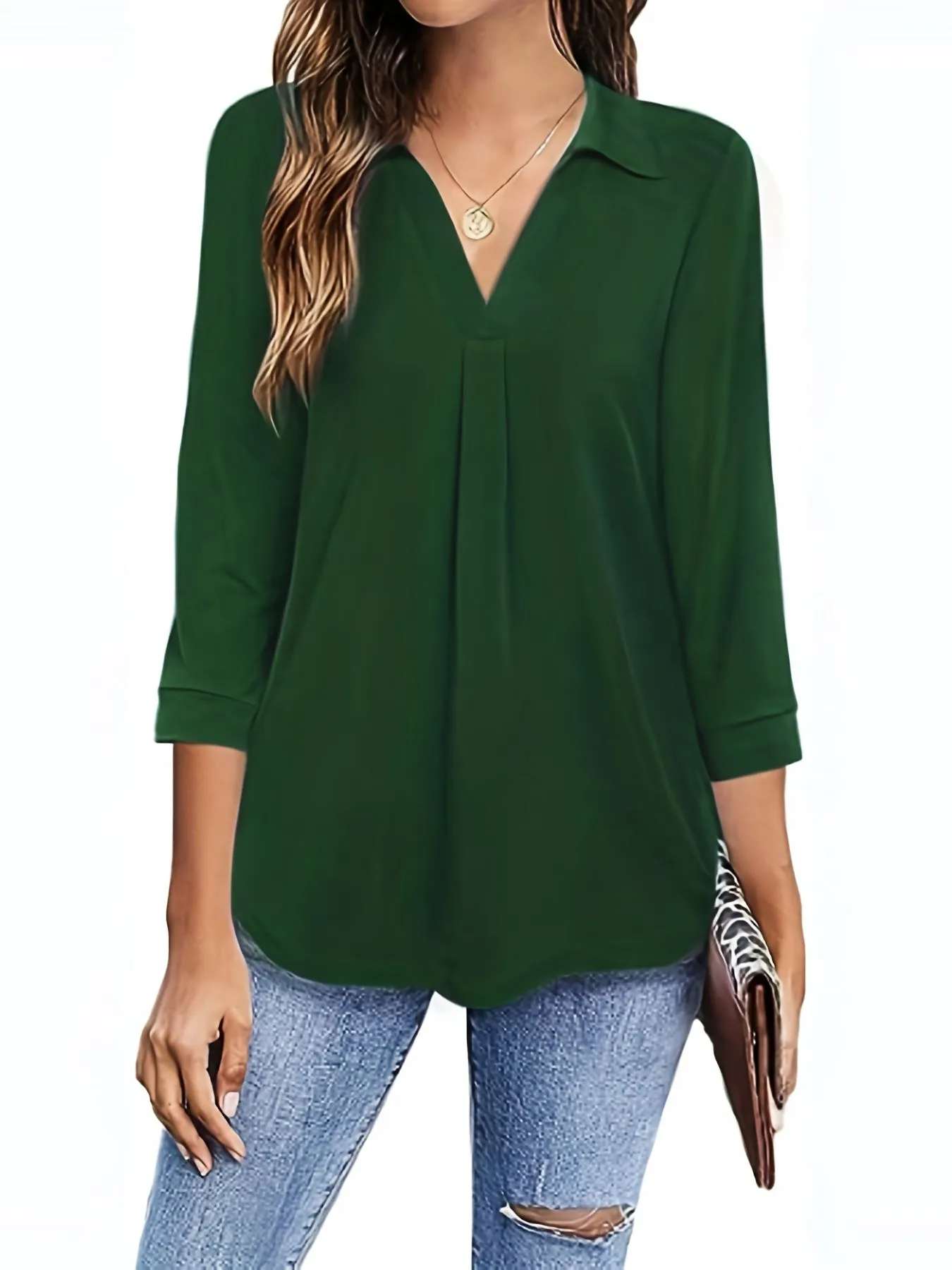 Womens Half Sleeve Plus Size Casual Blouse with Turn Down Collar