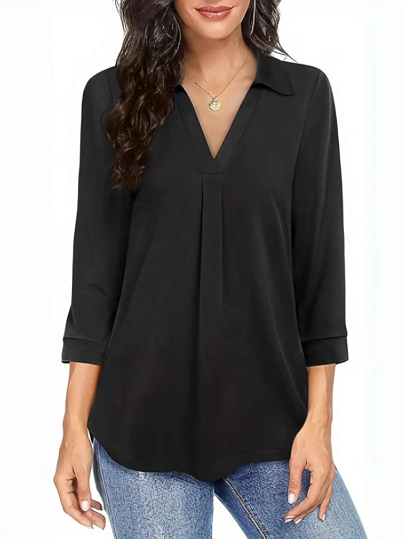 Womens Half Sleeve Plus Size Casual Blouse with Turn Down Collar