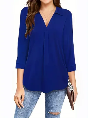 Womens Half Sleeve Plus Size Casual Blouse with Turn Down Collar