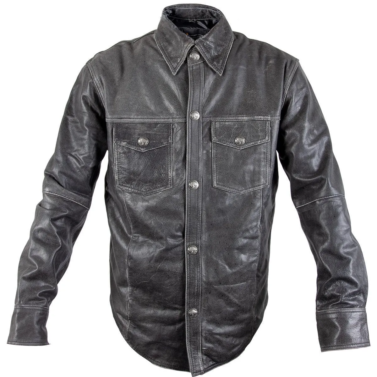 Xelement XS921G Men's 'Nickel' Distress Gray Casual Biker Rider Leather Shirt with Vintage Buffalo Buttons